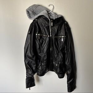 Jou Jou Black and Gray Varsity Pleather Bomber Jacket with Removable Hood
